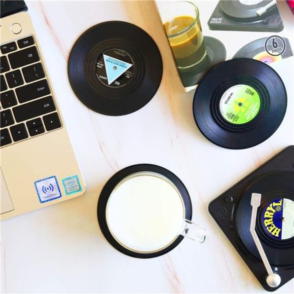 Funny Retro Vinyl Record Coasters for Drinks with Vinyl Record Player Holder - Picture 2 of 7